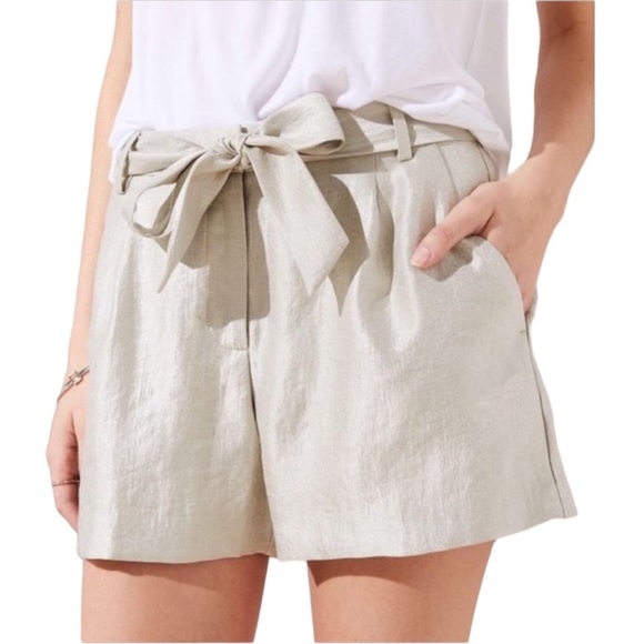 LOFT Champagne Shimmer Pleated Tie Waist Shorts - Picture 1 of 11